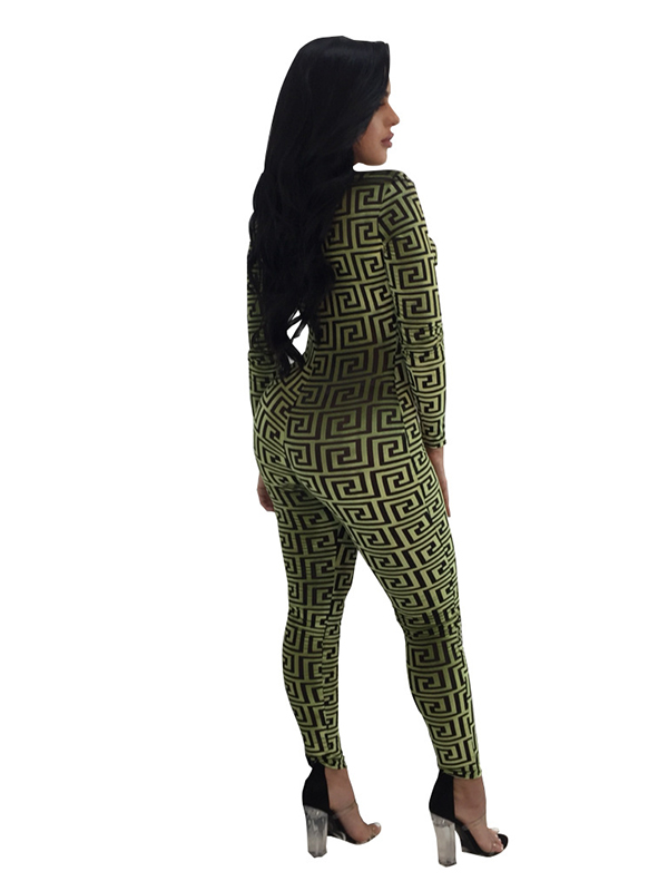 V Neck Printed Green Skinny Jumpsuit