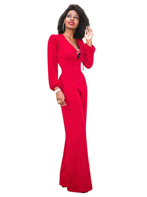 V Neck Puff Sleeves Lace-up Red Jumpsuits