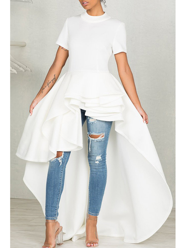 White Mandarin Collar Asymmetrical Falbala Maxi Dress