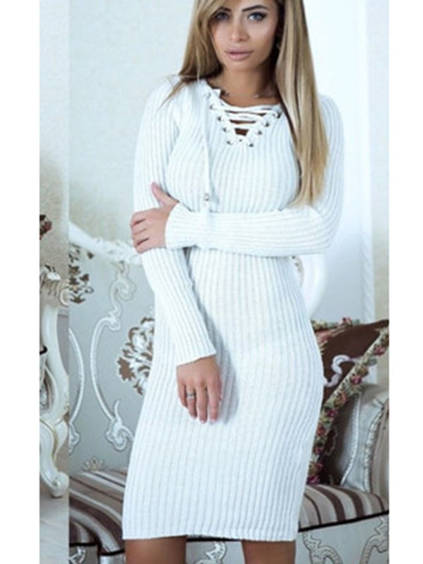 White Sexy V Neck Lace-up Sweater Dress