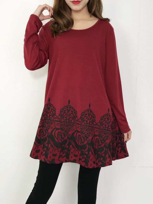 Wine Red Floral Printed Casual Flared Tunic Tops