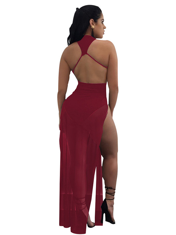 Wine Red See-Through Twilled Ankle Length Dress
