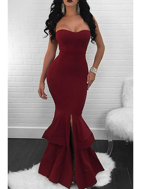Wine Red Sexy Dew Shoulder Falbala Maxi Dress