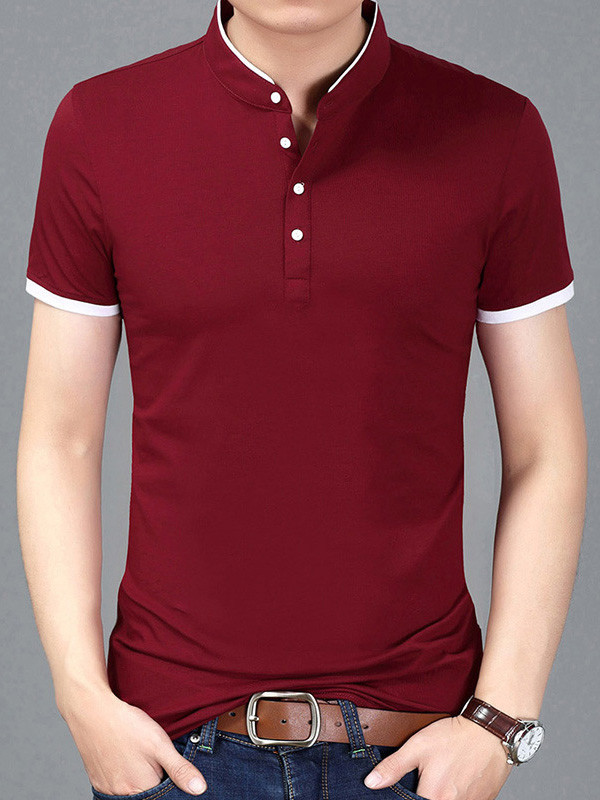 Wine Red Short Sleeve Mandarin Collar T-Shirts