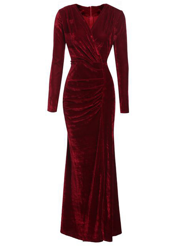 Wine Red V Neck Velvet Fold Design Dress