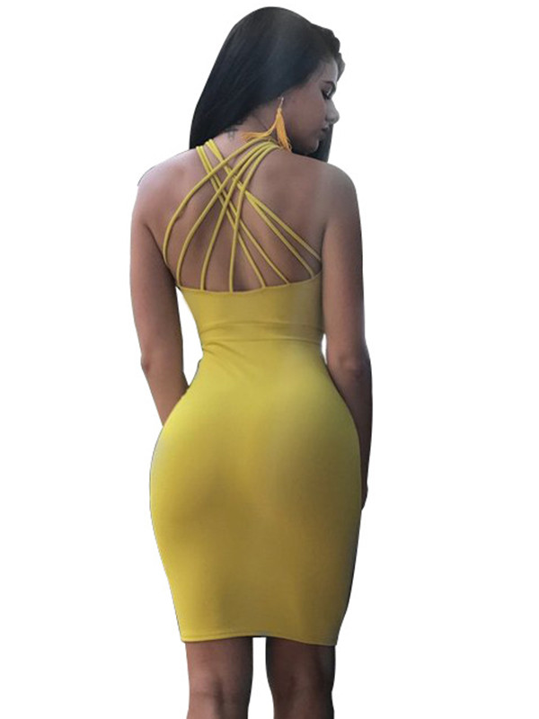 Yellow Hollow-out Knee Length Bodycon Dress