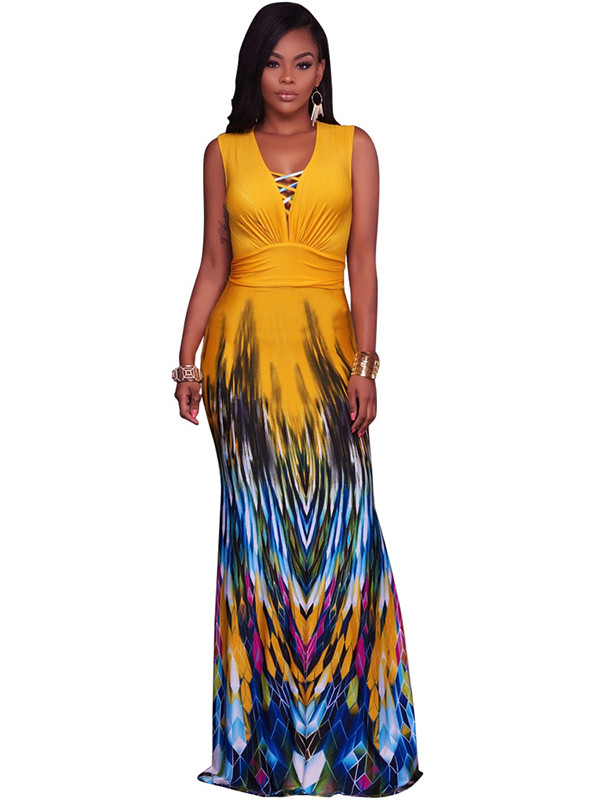 Yellow V Neck Printed Ankle Length Dress 