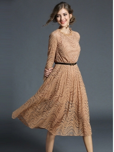 Apricot Fashion Bell Sleeve Lace Dress