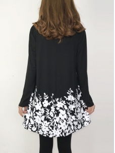 Black Floral Printed Casual Flared Tunic Tops