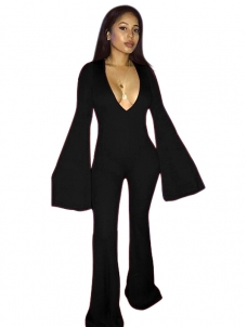 Black Polyester Solid Straight Jumpsuits  