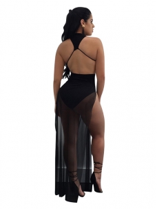 Black See-Through Twilled Ankle Length Dress
