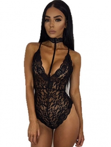 Black Sexy Halter See-Through Lace Bodysuit