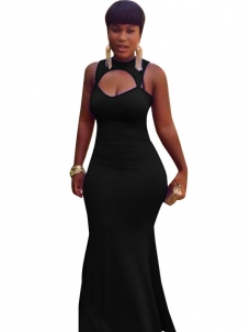 Black Sexy Round Neck Hollow-out Maxi Dress