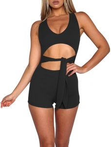 Black Sexy V Neck Lace-up Hollow-out Jumpsuits