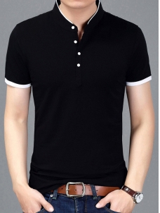 Black Short Sleeve Mandarin Collar T-Shirts
