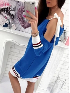 Blue Round Neck Patchwork Loose Casual Dress