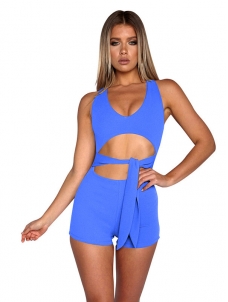 Blue Sexy V Neck Lace-up Hollow-out Jumpsuits