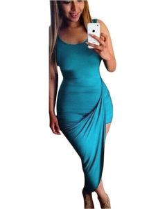 Blue Sleeveless Pleated Asymmetrical Maxi Dress  