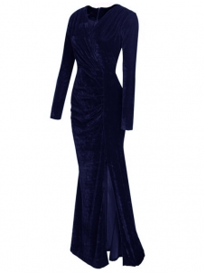 Blue Trendy V Neck Velvet Fold Design Dress