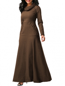 Brown Long Sleeve Cowl Neck Maxi Dress