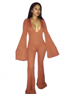 Brown Polyester Solid Straight Jumpsuits  