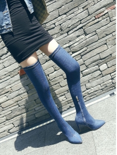 Dark Blue High Heel Over Knee Denim Boots