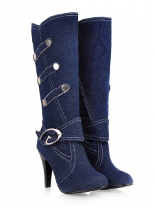 Dark Blue Ladies Splice Buckle Denim Boots 