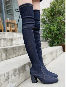 Dark Blue Over Knee High Heel Jeans Boots