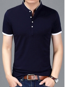 Dark Blue Short Sleeve Mandarin Collar T-Shirts