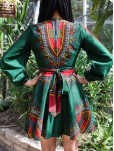 Ethnic Style Long Sleeves Totem Printed Green Mini Dress