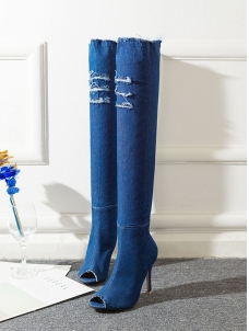 Fashion Over Knee Open Toe Jeans Boots