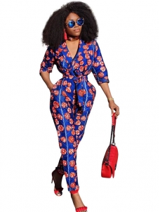 Floral Print Blue Polyester One-piece Jumpsuits