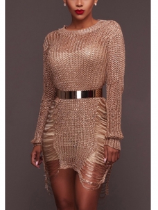 Gold Round Neck Hollow-out Sweater Dress
