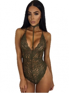 Green Sexy Halter See-Through Lace Bodysuit