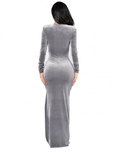 Grey Sexy Long Sleeves Side Split Dress 