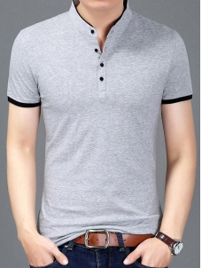 Grey Short Sleeve Mandarin Collar T-Shirts
