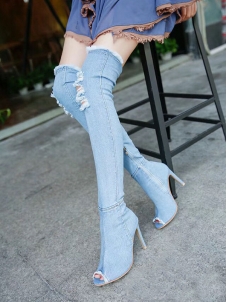 Light Blue Over Knee Open Toe Jeans Boots