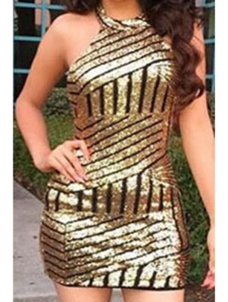O Neck Tank Sleeveless Gold Sequined Mini Dress