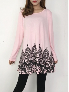 Pink Floral Printed Casual Flared Tunic Tops