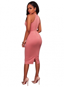 Pink S-XL Sexy Scoop Neck Zipper Midi Dress