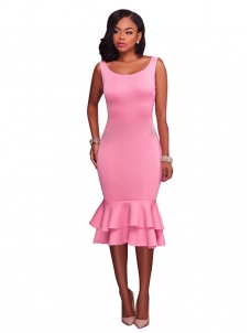 Pink Trendy Round Neck Falbala Design Dress