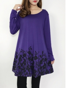 Purple Floral Printed Casual Flared Tunic Tops