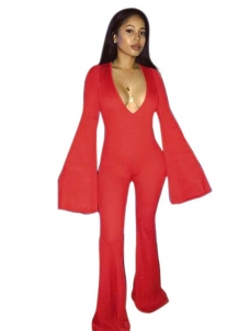 Red Polyester Solid Straight Jumpsuits  