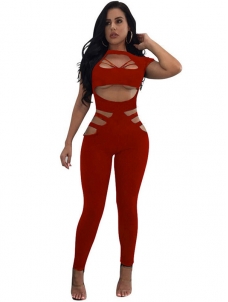 Red Round Neck Hollow-out Jumpsuits 