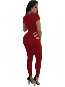 Red Round Neck Hollow-out Jumpsuits 