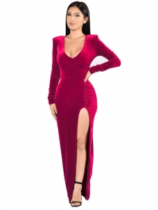 Red Sexy Long Sleeves Side Split Dress 