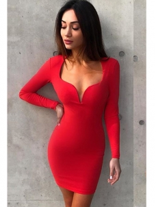 Red Trendy V Neck Zipper Design Mini Dress 