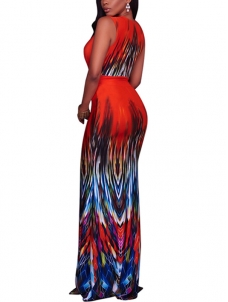 Red V Neck Printed Ankle Length Dress 
