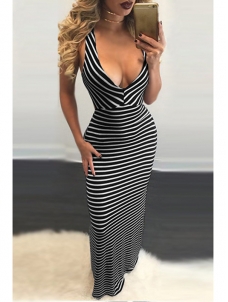 Sexy Deep V Neck Striped Hollow-out Maxi Dress