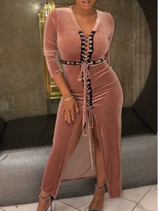 Sexy V Neck Bandage Design Pink Velvet Ankle Length Dress